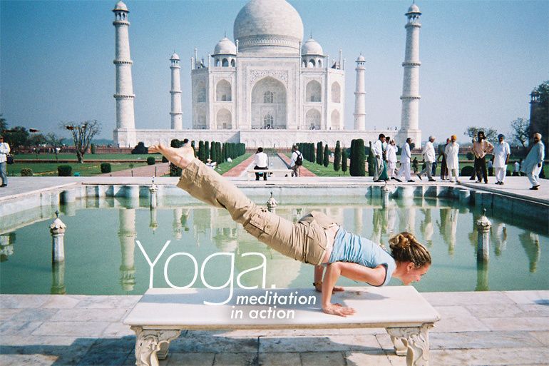 While in India for a YouthAIDS trip with actress Ashley Judd, Seane Corn poses in the Eka Pada Koundiyanasana position in front of the Taj Mahal. (photo: courtesy of Seane Corn)